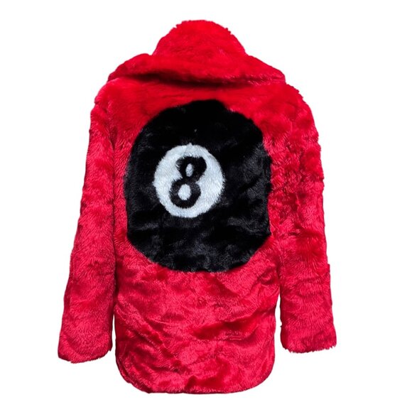 Red Faux Fur Women Coat 8 Ball‎ Design Streetwear Party Punk Bold Size Small - Picture 1 of 11